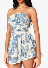 Cider Toile De Jouy Strapless Mini Dress Blue White Shirred Ruched Tiered Skort