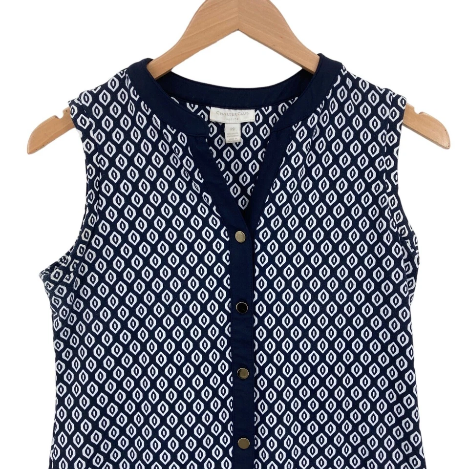 Charter Club Tank Top Womens Petite Small Navy White Geo Print Button Front - Image 4 of 4