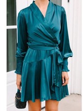 Fate Teal Blue Satin Wrap Mini Dress Smocked Cuff Romantic Flowy Feminine XS