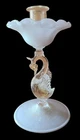 Salviati Murano 1920s White Latticino Glass & Gold Aventurine Swan Candlestick