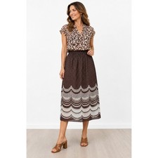 VTG 70s Brown Polka Dot Scallop Print Midi Skirt Elastic Waist M/L