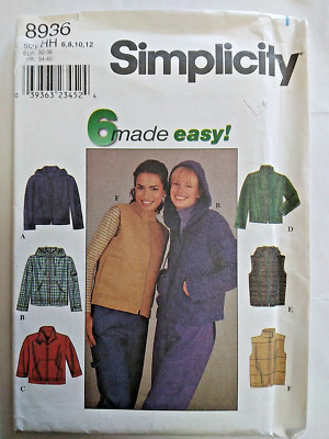 Jacket Vest Pullover Hoodie 6 8 10 12 Simplicity 8936 Sewing Pattern Easy Active