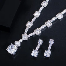 White CZ Round Square Party Earrings and Necklace Jewelry Set for Brides Wedding