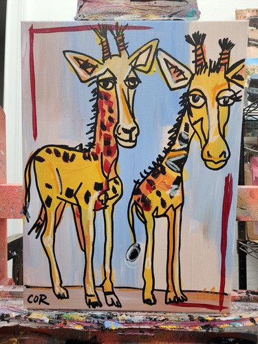 CORBELLIC EXPRESSIONISM 12X16 GIRAFFES ABSTRACT CARTOON ORIGINAL PAINTING ART - Picture 3 of 9