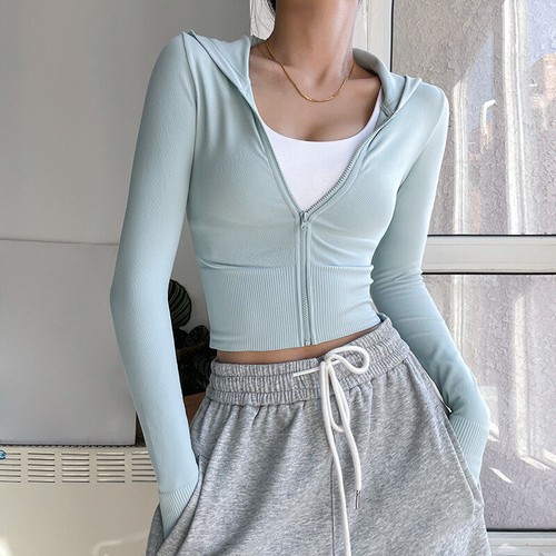 Damen-Yoga-Sportjacke langärmelig kurz geschnittene Oberteile mit durchgehendem Reißverschluss und Hoodie Activewear - Bild 3 von 19