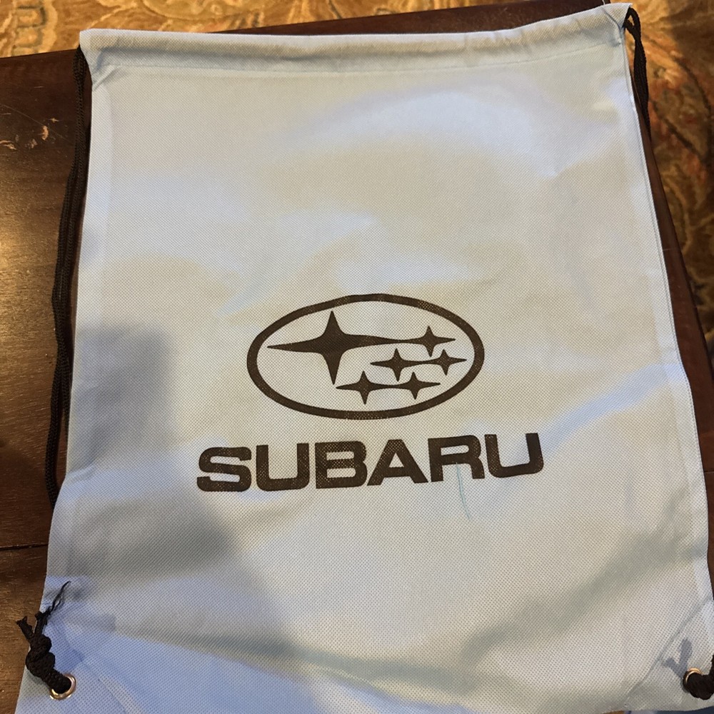 SUBARU Blue Promotional Drawstring Backpack Tote Bag & Cuzie Advertising Travel