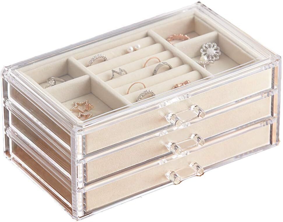 HerFav Acrylic Jewelry Organizer Box with 3 Transparent Cream - 3 Drawers