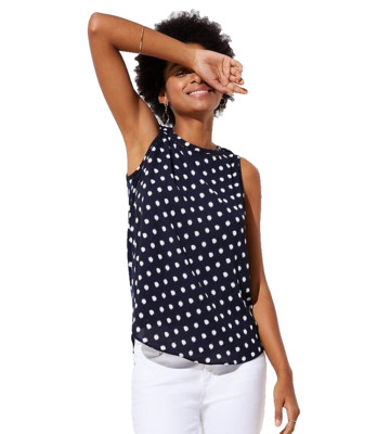 Loft XS Top Blue Lace Trim Dotted Tank Retro Mod Classic Minimalist Coastal