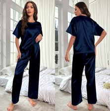 UK Womens Ladies Satin Silk Pajamas Set Dressing Gown Pjs Loungewear Pyjamas NEW