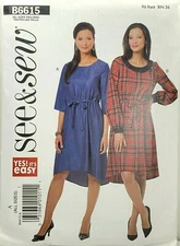 Butterick See & Sew B6615 Drawstring Waist Dress w Asymmetrical Hem Sz 4-26 EASY
