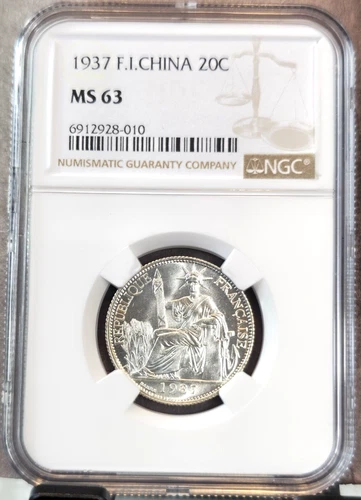 1937 FRENCH INDO CHINA 20 CENTS SEATED LIBERTY NGC MS 63 SCARCE BEAUTIFUL COIN