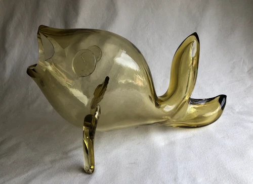 Vintage Blenko Hand Blown Glass MCM Fish Vase Amber Yellow