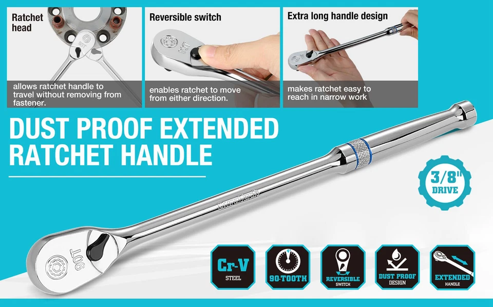 DURATECH 3/8" Drive Ratchet Handle Ratchet Wrench 90-Tooth 12" Extra Long Handle - Image 3 of 4