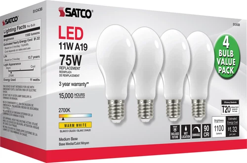 4 Pack LED Solid White Filament Bulbs 120V 11W =75W A19 Medium E26 2700K Warm - Picture 6 of 9