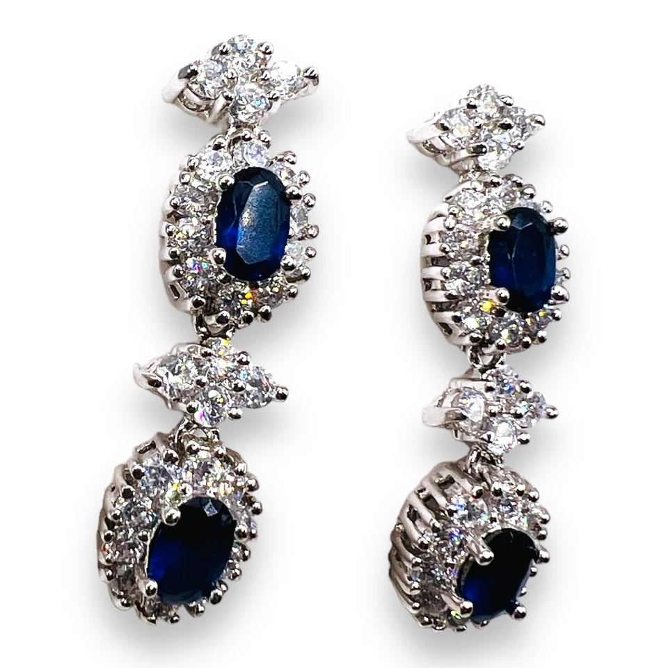 925 Sterling Silver Drop Dangle Cocktail Earrings Blue CZ - Image 2 of 4