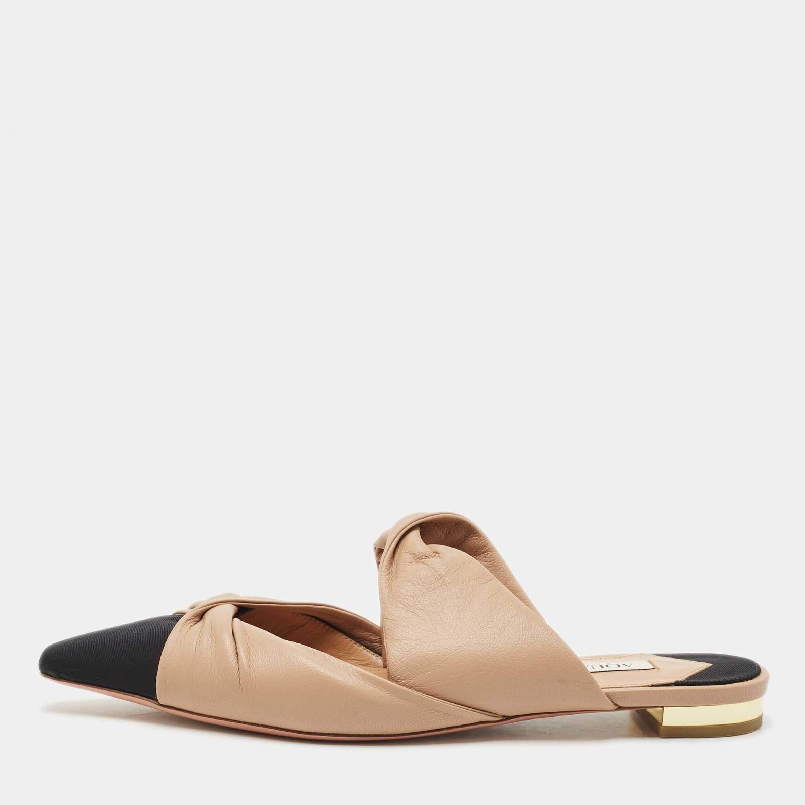 Aquazzura BeigeBlack Leather and Fabric Twist Cap Toe Mules Size 35