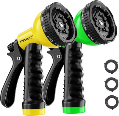 Garden Hose Nozzle Sprayer 2 Pack 10 Patterns Heavy Duty Hose Head Yellow Green