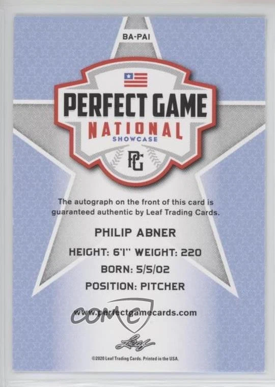 2020 Leaf Perfect Game National Showcase Green /10 Philip Abner #BA-PA1 Auto - Image 2 of 2