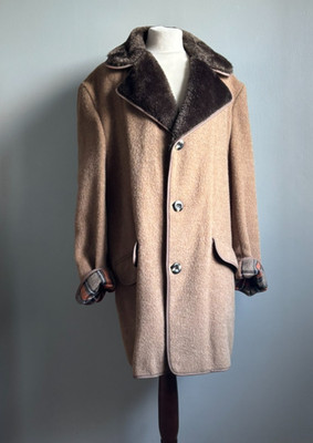 Vintage Wollmantel 48 50 XL Schottenkaro Futter Trench Fellkragen camel hellbraun dunn&co