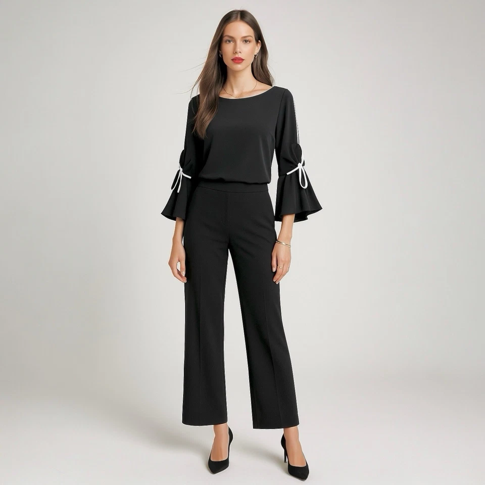 Joseph Ribkoff Top US 12 Black Boat Neck Bow Bell Sleeve Stretch Business Casual - Image 2 of 4