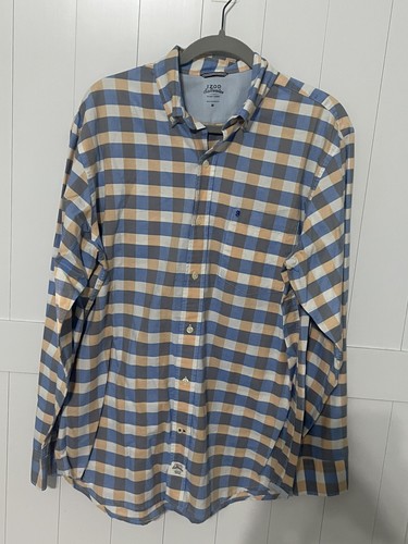 IZOD Saltwater Shirt Mens XL peach Blue Muted Plaid Relaxed Classics Untucked