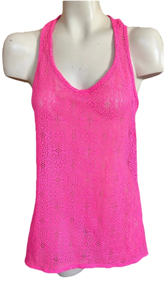 Z OP Hot Pink Floral Swimsuit Beach Tank Cover Up T Back See Thru Lace S B6 113 - Image 2 of 4