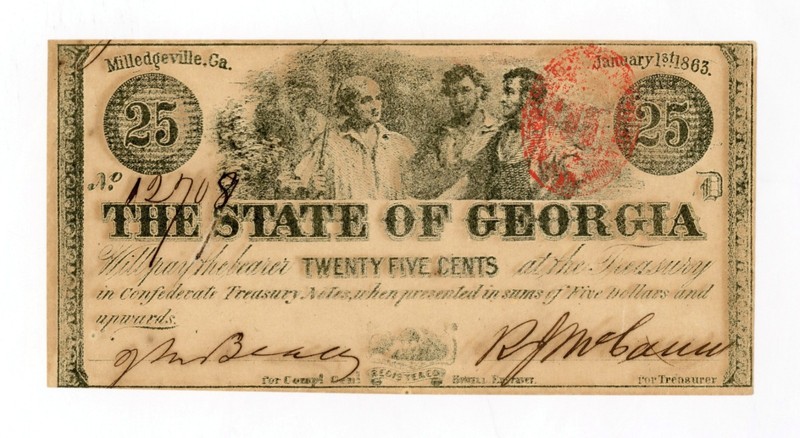 1863 Cr.15B 25c The State of GEORGIA Note - CIVIL WAR Era AU/UNC