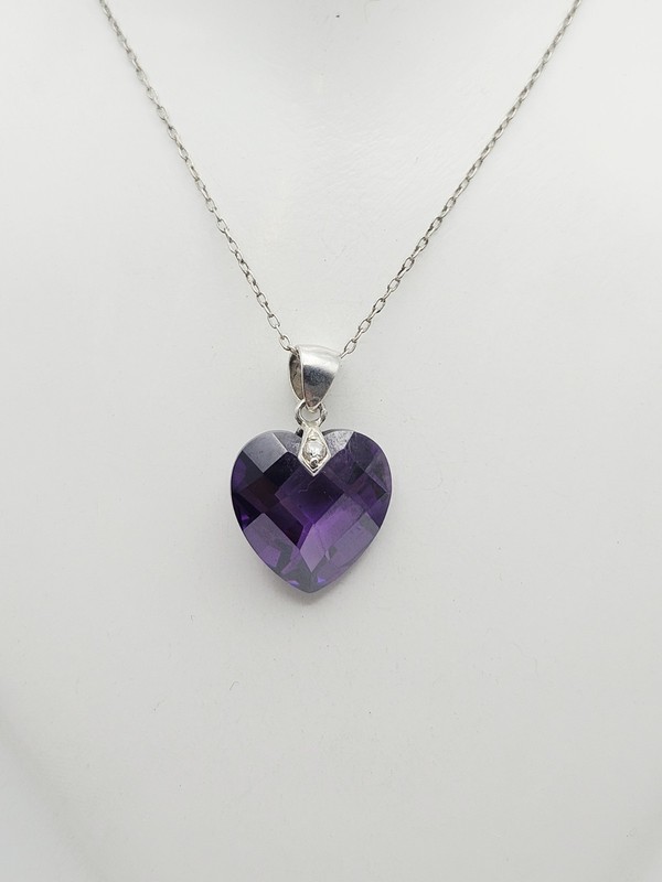 HAN Sterling Silver 4.96ct Amethyst & CZ Heart Pendant Necklace 20"