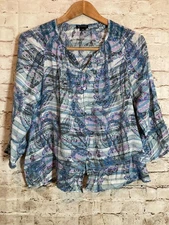 New Directions Boxy Top Women Petite Medium Blue Purple Paisley Boho Bell Sleeve