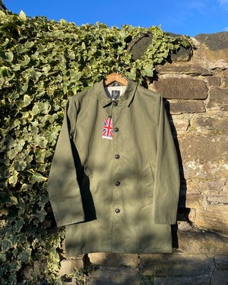 Waxed Cotton Mac Raincoat Duster Jacket  - Green Herringbone - Made In England