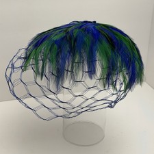 Vintage 50s Blue Green Feather Fascinator Hat w/ Netting Velvet Bow Union Made