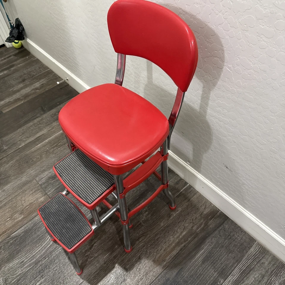 Cosco Retro Counter Chair with Step Stool Sliding Red Vinyl Cushion Non Slip - Image 4 of 4