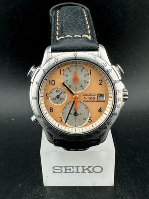 Seiko 1/100 Chronograph Men's Salmon Dial Date Quartz Watch 37mm 7T52-6A10