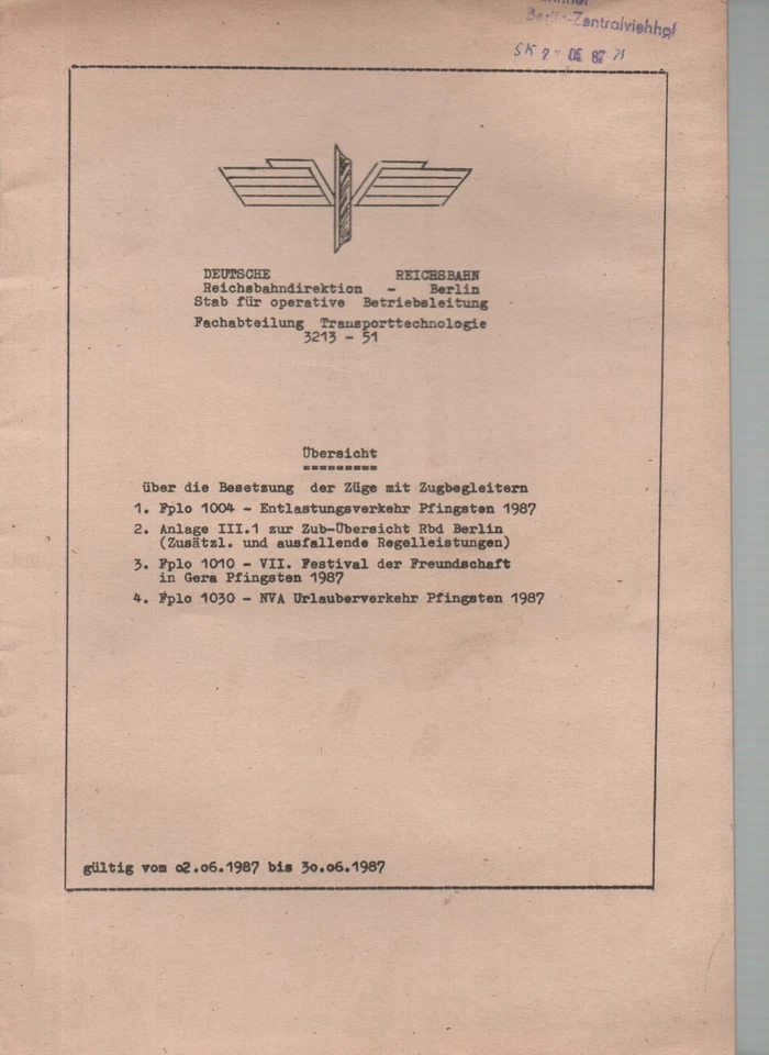 Reichsbahn DDR: Sonderzüge NVA, "Festival der Freundschaft Gera" etc. DDR 1987