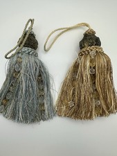 Vintage 7" Key Tassels Gold Teal Cream Beaded Ribbon Tassel Fringe Lot Of 2