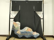 Heiwaya Kimono Luxury black tomesode paper flowers and birds pattern pure silk