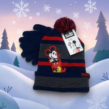 Disney Mickey Mouse Winter Hat Gloves Set Pom Beanie Knit Navy Red Kids NWT