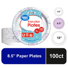 Great Value Disposable Paper Plates, 8.5", 100 Count