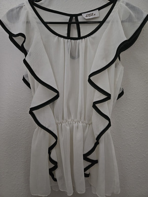 Costa Blanca White Chiffon Ruffle Black Trim Sleeveless Sheer Blouse Size S