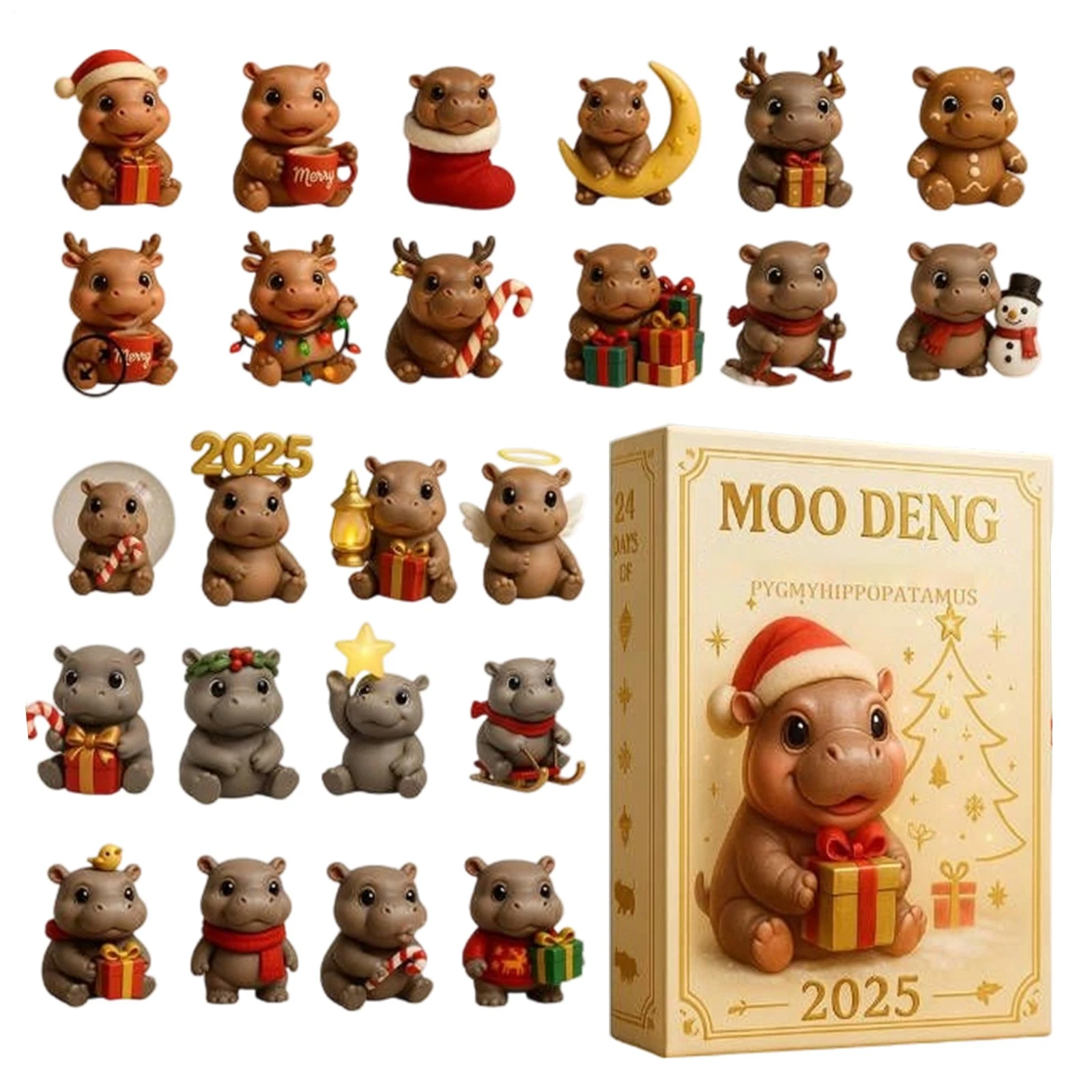 2025 Moo Deng Christmas Countdown Calendar 2D Acrylic Hippo Pendant 24 Days