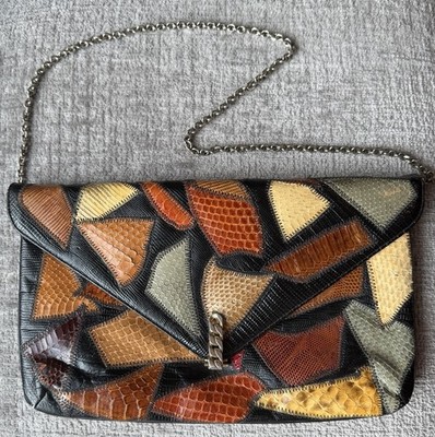 Vintage Original by Caprice Multi-color Snakeskin Patchwork Clutch Purse Chain