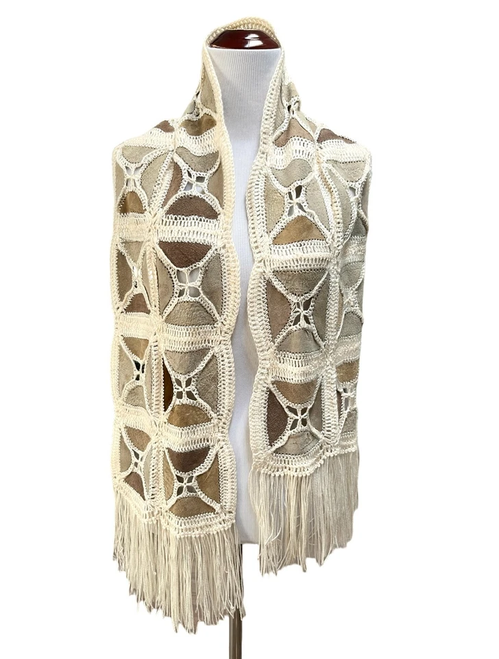 复古波西米亚围巾多色人造麂皮绒流苏象牙钩针纱 — 第 2/4 张图片