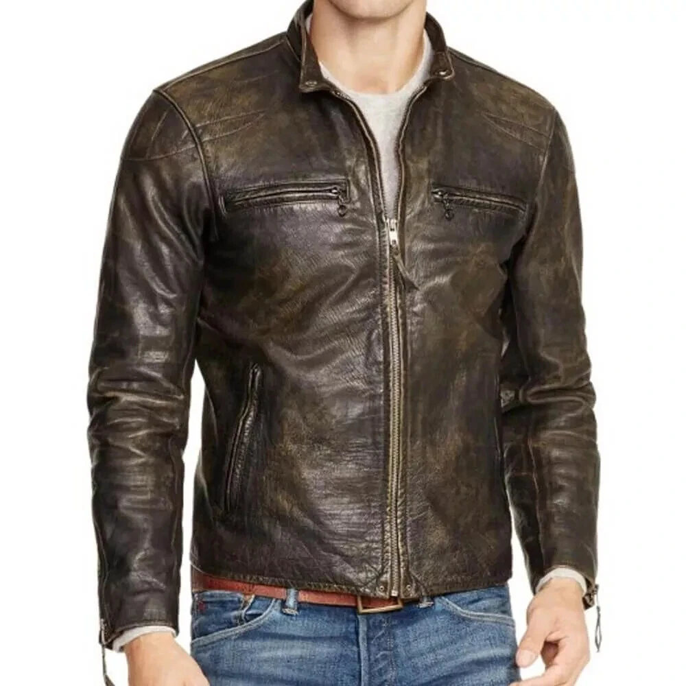 MEN'S REAL LEATHER JACKET CAFE RACER DISTRESSED RETRO GENUINE SLIM FIT BIKER NEW