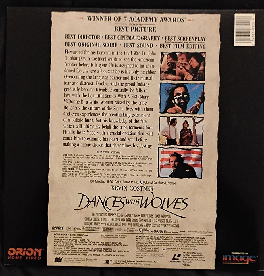 DANCES WITH WOLVES (1990) (Laserdisc) Kevin Costner Widescreen - LIKE NEW!!! - Image 2 of 2