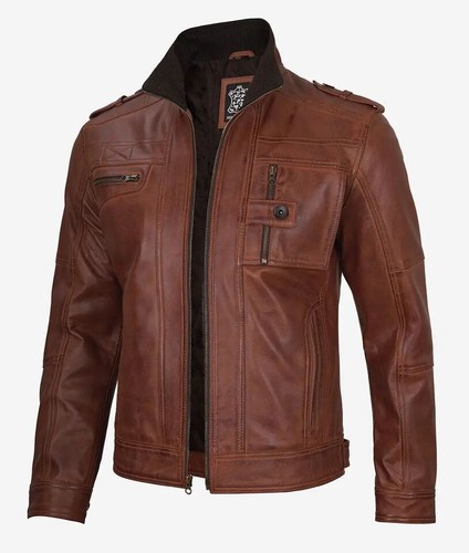 Men's Distressed Cognac Biker Real Sheepskin Motorcycles Trucker Leather Jacket - Picture 2 of 7