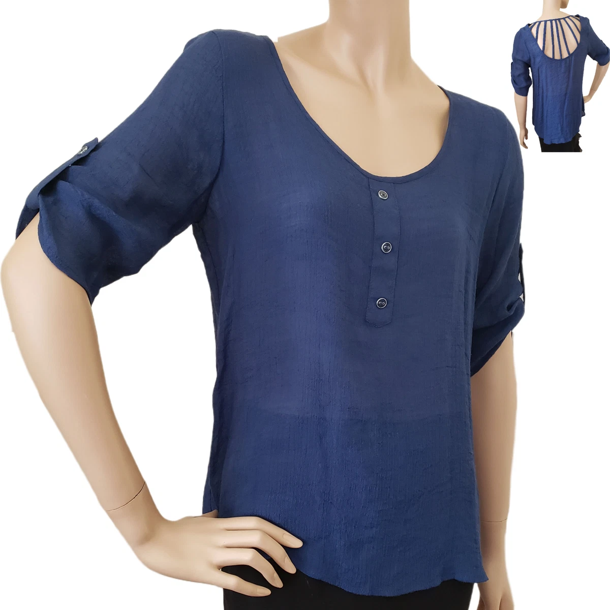 Women s Bobeau Strappy Back Roll Tab Sleeve Blouse Shirt Top SZ S Blue