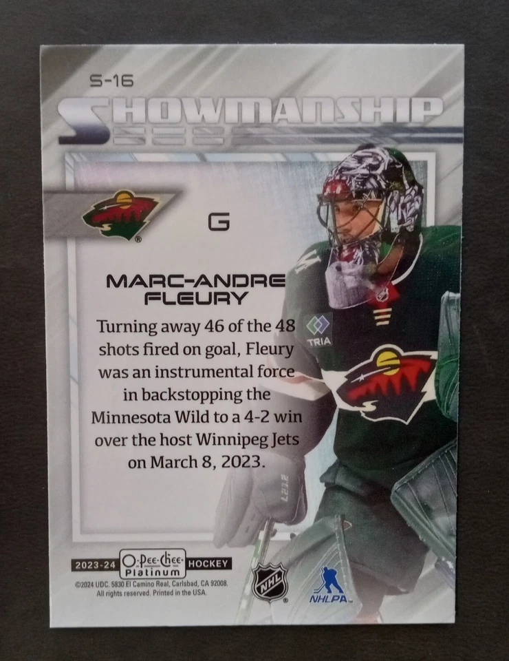 2023-24 OPC Platinum Marc-Andre Fleury Showmanship Insert #S-16 Mint Base - Image 2 of 2