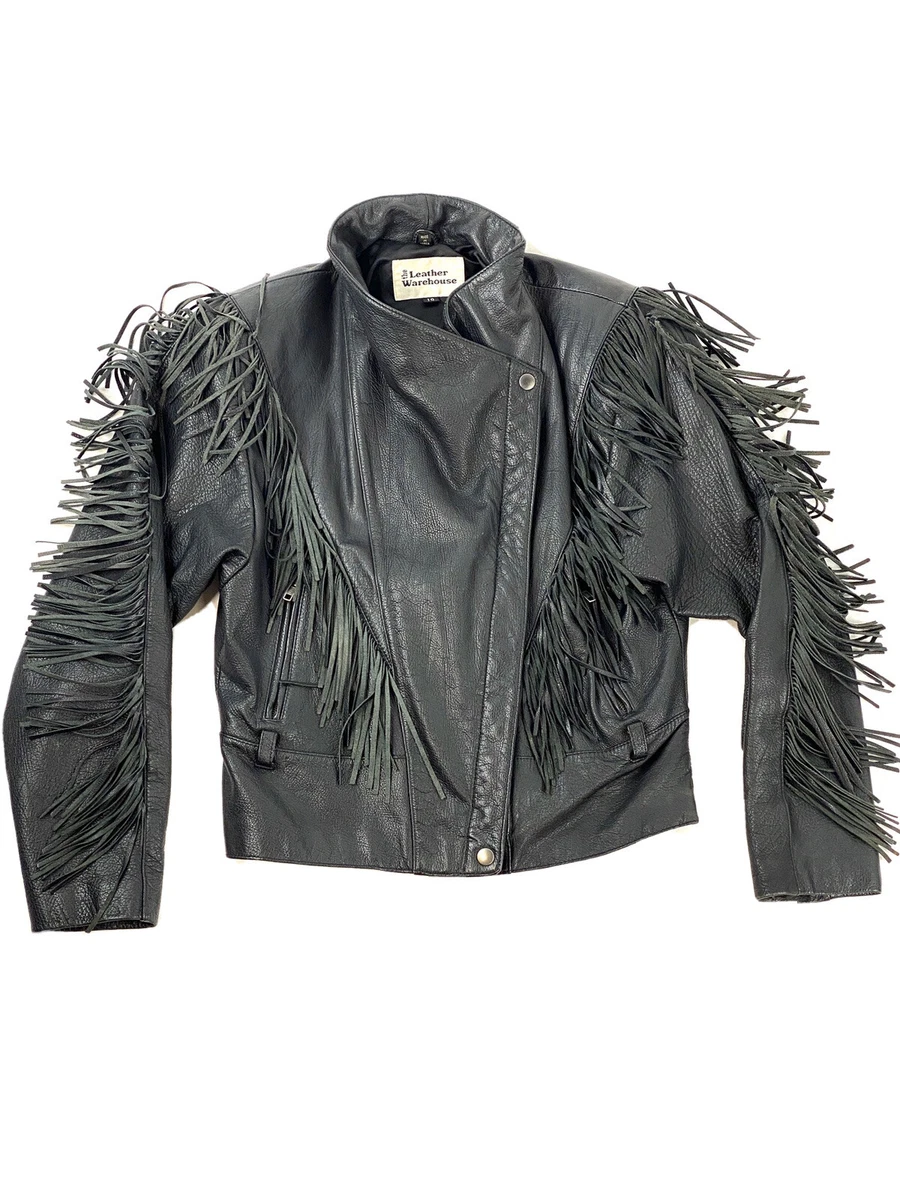 Vintage 90s Y2K Leather Jacket Moto Biker Fringe Black Grunge