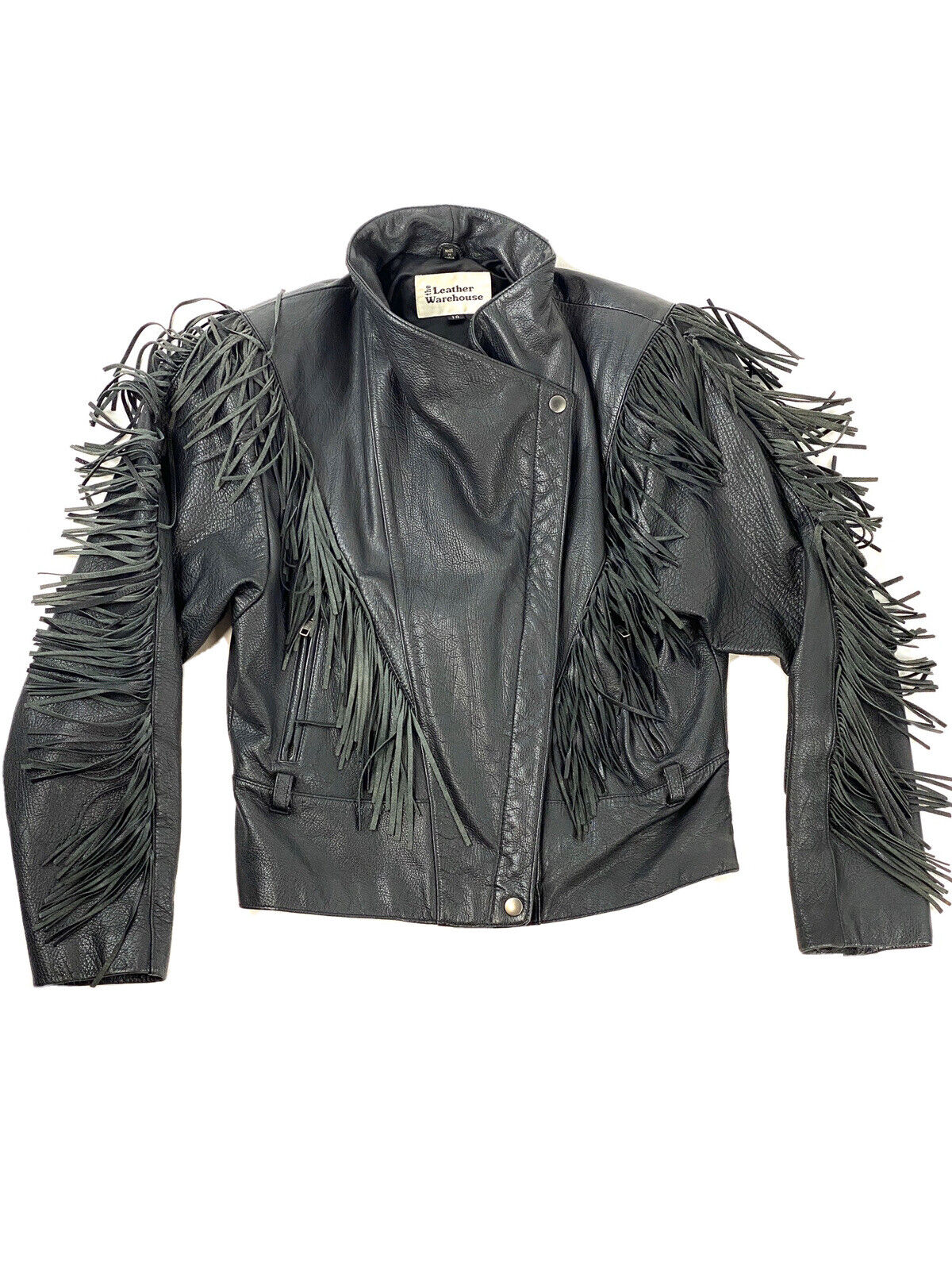 Vintage 90s Y2K Leather Jacket Moto Biker Fringe Black Grunge Retro Punk M  L 10