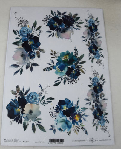 Papel de arroz, seda de paja, decoupage, tecnología de servicio flores azules, A4, R1731 - Imagen 1 de 1